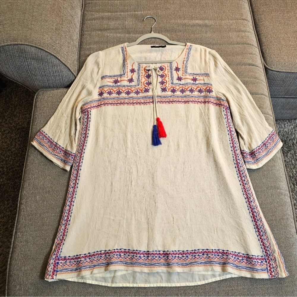 THML Cream Boho Linen Casual Embroidered Boho Cottage Tunic Dress Size XL